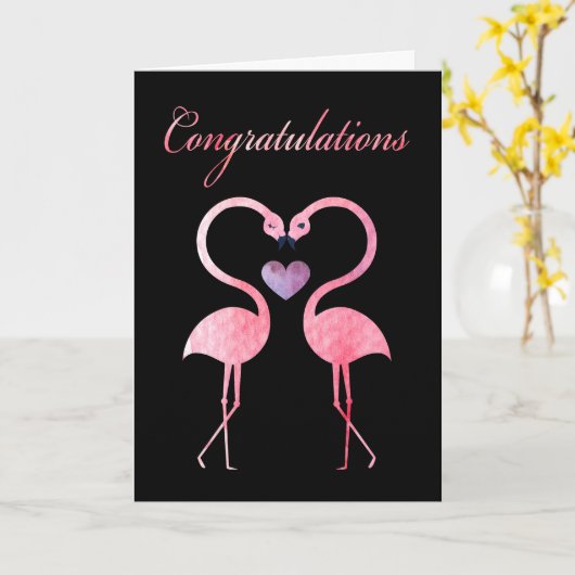 Congratulations Watercolor Pink Flamingos Kaart (Gele Bloem)