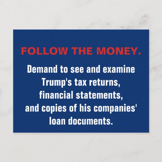 Congres volgt het geld dat Trump belastingaangifte Briefkaart (Voorkant)