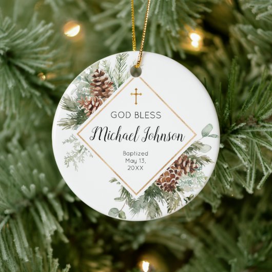 Conifer Cone Personalized Boy Baptism Ornament (Boom)