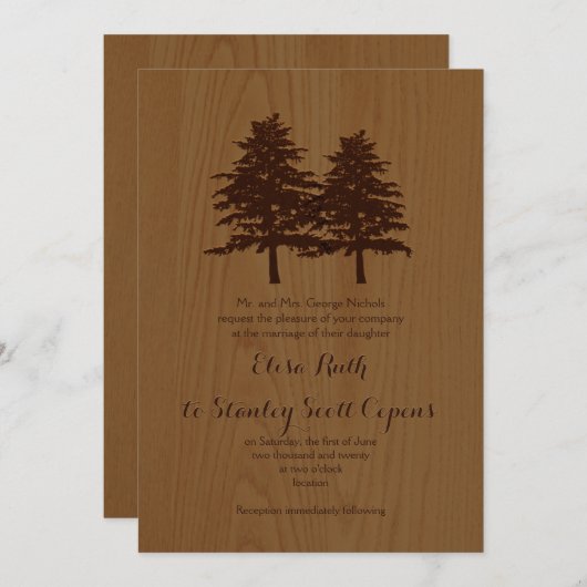 Coniferen bomen op hout bruin bos bruiloft kaart (Voorkant / Achterkant)