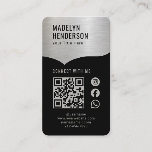Connect Metallic Zilver Zwart QR Code Social Media Visitekaartje (Voorkant)