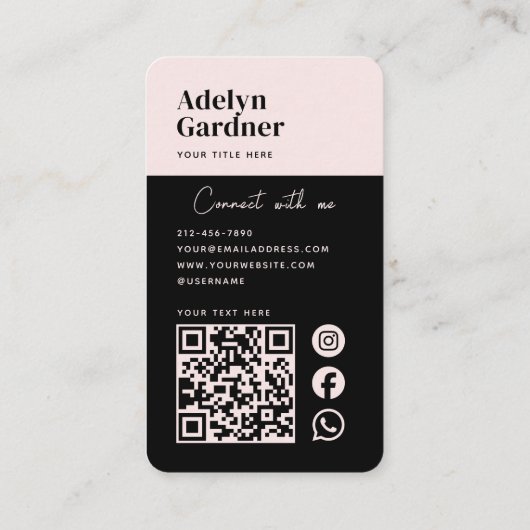 Connect Zwart Roze Monogram QR Code Social Media Visitekaartje (Achterkant)