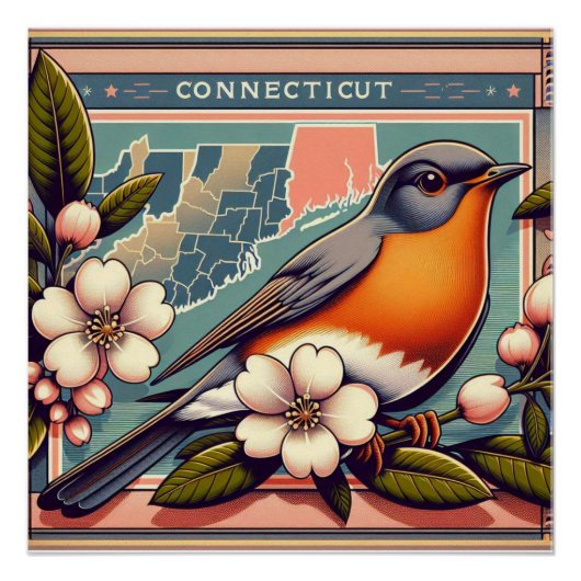 Connecticut Amerikaanse Robin en State Flower Desi Perfect Poster (Voorkant)