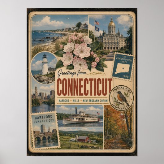 Connecticut Authentieke Vintage Stijl Poster (Voorkant)