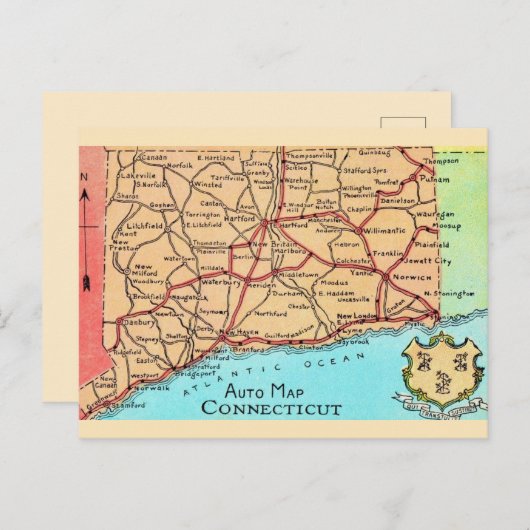 Connecticut Auto Map Ansichtkaart Briefkaart (Voorkant / Achterkant)
