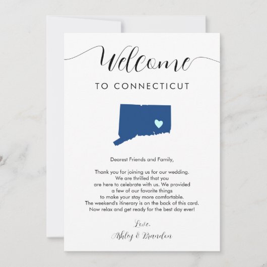 Connecticut bruiloft welkomstbrief reisschema Kaar (Voorkant)
