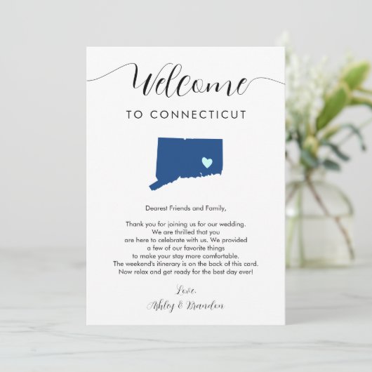 Connecticut bruiloft welkomstbrief reisschema Kaar (Staand voorkant)
