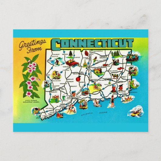 Connecticut Kaart Ansichtkaart (Voorkant)