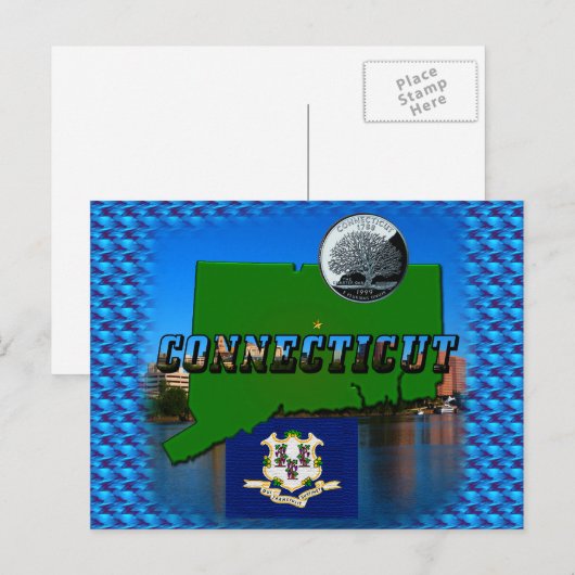Connecticut' Map, Tekst, Faux Quarter, Vlagruimte Briefkaart (Voorkant / Achterkant)