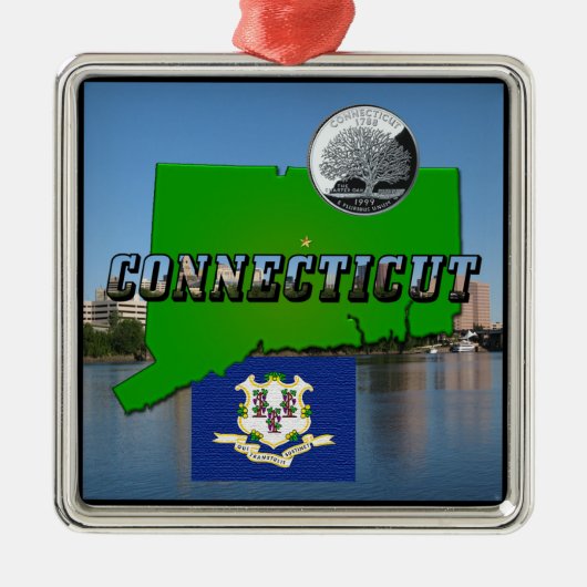 Connecticut' Map, Tekst, Faux Quarter, Vlagruimte Metalen Ornament (Voorkant)
