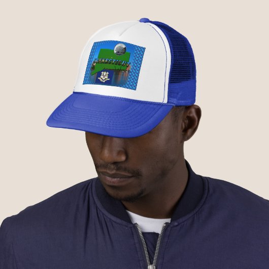 Connecticut' Map, Tekst, Faux Quarter, Vlagruimte Trucker Pet (In situ)