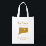 Connecticut Map Wedding Welcome Bag Tas, Gold Boodschappentas<br><div class="desc">Bruiloft weekend welkomstgeschenk tas voor buiten de stad gasten naar uw bruiloft,  met afbeelding van Connecticut,  met hart die u kunt plaatsen op de exacte locatie. Vul tas met je favoriete lekkers.</div>