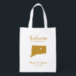Connecticut Map Wedding Welcome Bag Tas, Gold Boodschappentas<br><div class="desc">Bruiloft weekend welkomstgeschenk tas voor buiten de stad gasten naar uw bruiloft,  met afbeelding van Connecticut,  met hart die u kunt plaatsen op de exacte locatie. Vul tas met je favoriete lekkers.</div>