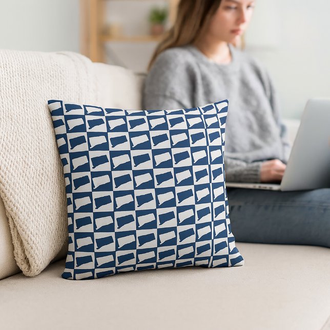 Connecticut Overzicht Patroon Blauw en Wit Kussen (A throw pillow with a blue and white checkerboard pattern featuring the US state of Connecticut.)