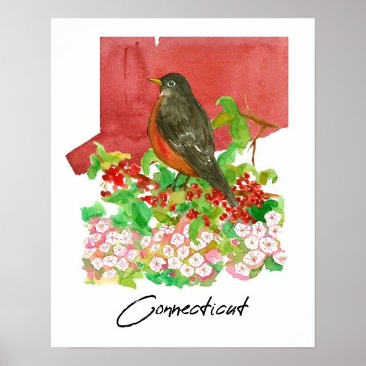 Connecticut Staatsroodborst Vogel Rode Waterverf  Poster (Voorkant)