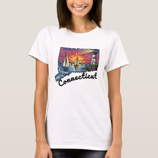 Connecticut State Tattoo Style Lighthouse Sunset T-shirt (Voorkant)