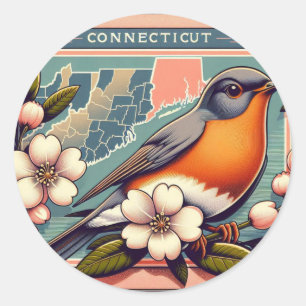 Connecticut State Vogel en Bloem Blauw Rood Ronde Sticker