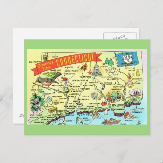 Conneticut State Map Briefkaart (Voorkant / Achterkant)