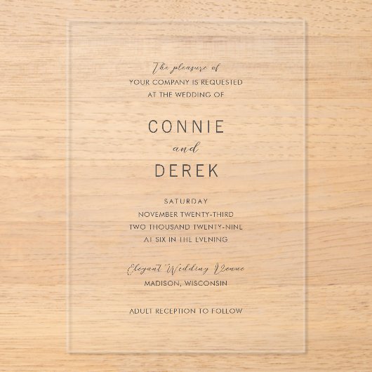 Connie Modern Elegant Wedding Acryl Uitnodigingen (Voorkant)