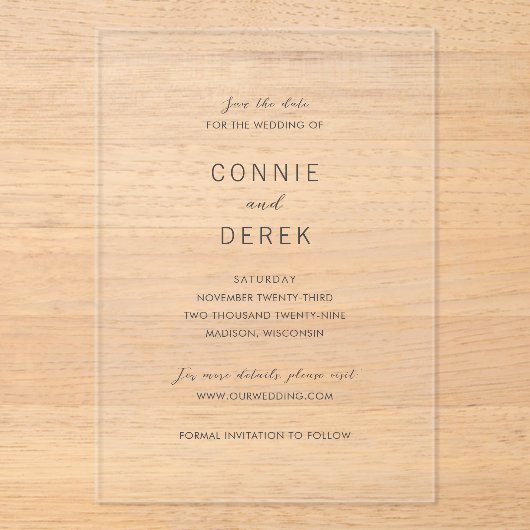 Connie Modern Elegant Wedding Save the Date Acryl Uitnodigingen (Voorkant)
