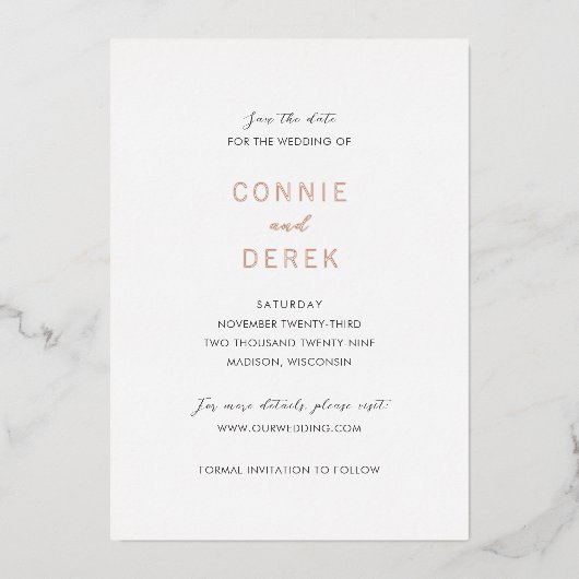 Connie Modern Elegant Wedding Save the Date Folie Uitnodiging (Voorkant)