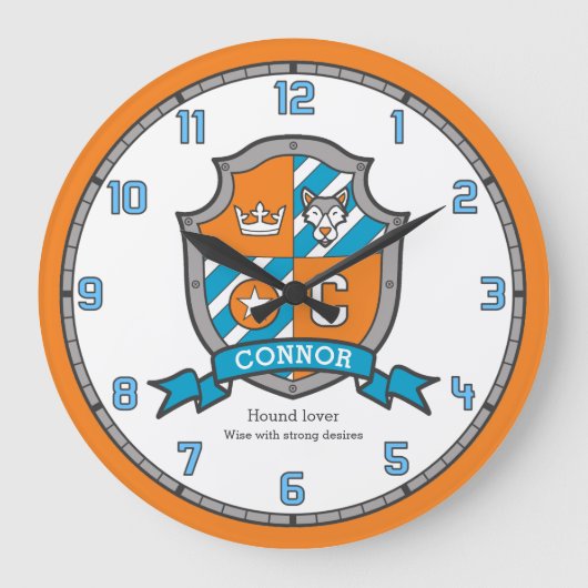 Connor boys name: knights shield oranje grote klok (Voorkant)