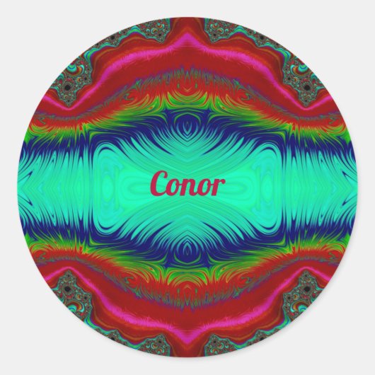 CONOR ~ Helder rood groen fractal design ~ Ronde Sticker (Voorkant)