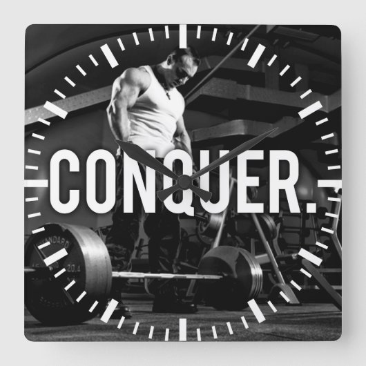 CONQUER - "Body building" Workout Motivatie Vierkante Klok (Voorkant)