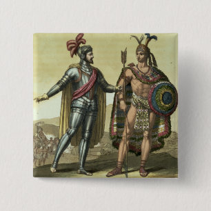 Conquistador met een Native American Chief (kleur) Vierkante Button 5,1 Cm