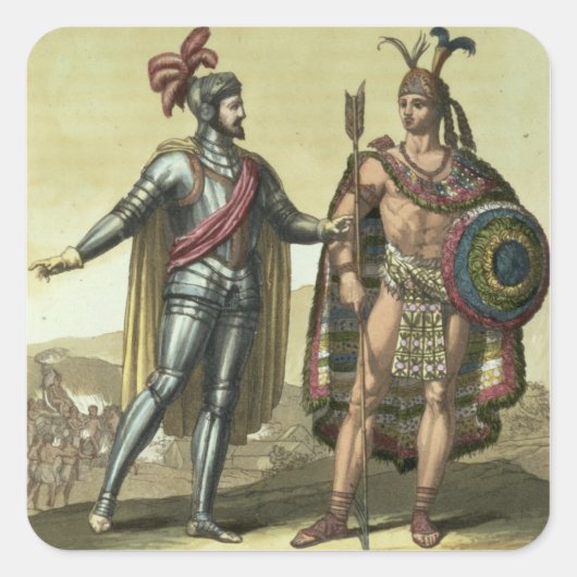 Conquistador met een Native American Chief (kleur Vierkante Sticker (Voorkant)