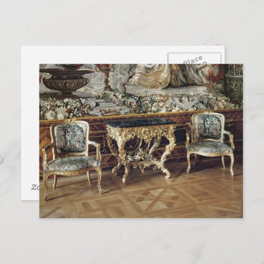 Console-tafel en twee armstoelen, 1745 briefkaart (Voorkant / Achterkant)