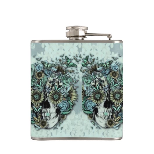 Constante, bleke blauwe vlinderschedel heupfles (Achterkant)