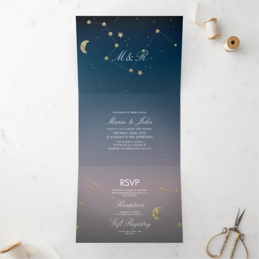 Constellation Gold Faux Folie Ombre Sky Wedding Drieluik Uitnodiging (Binnen)
