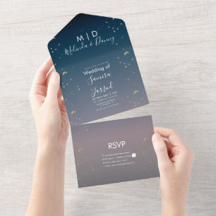Constellation Gold Sky Ombre Wedding All In One Uitnodiging