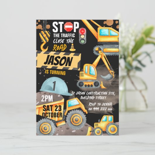 Constructie 1e Verjaardagsfeest Dump Truck Digger Kaart (Staand voorkant)