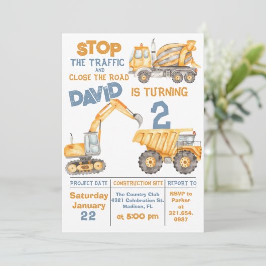 Constructie 2e verjaardag Dump Truck Party Kaart (Staand voorkant)