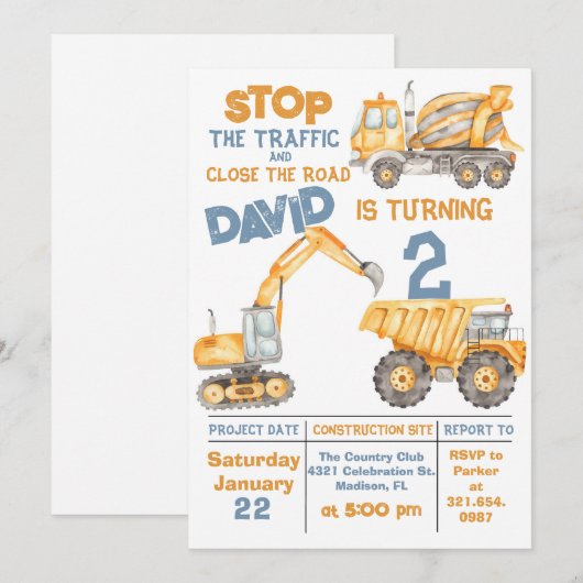 Constructie 2e verjaardag Dump Truck Party Kaart (Voorkant / Achterkant)