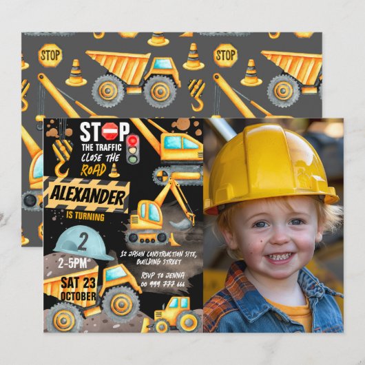 Constructie 2e verjaardag foto Dump Truck Digger Kaart (Voorkant / Achterkant)