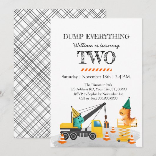 Constructie 2e verjaardagsfeestje, dinosaurus them kaart (Voorkant / Achterkant)