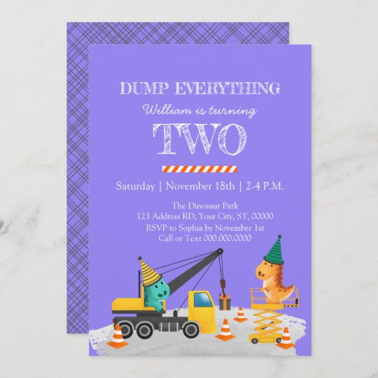 Constructie 2e verjaardagsfeestje, dinosaurus them kaart (Voorkant / Achterkant)