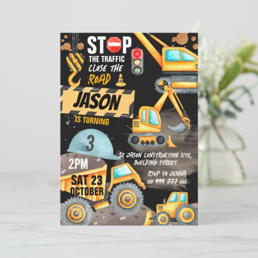 Constructie 3e Verjaardagspartij Dump Truck Digger Kaart (Staand voorkant)