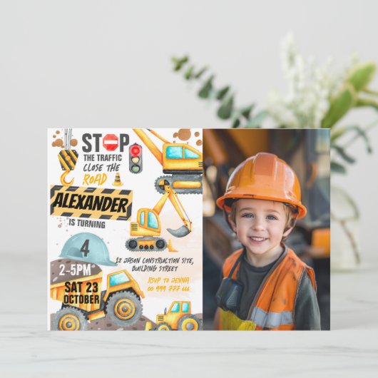 Constructie 4e verjaardag foto Dump Truck Digger Kaart (Staand voorkant)