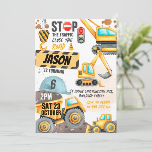 Constructie 6e Verjaardagsfeest Dump Truck Digger Kaart (Staand voorkant)