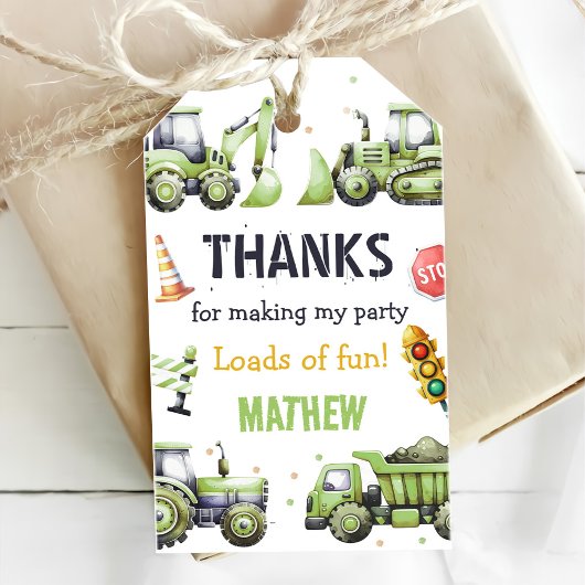 Constructie dumptruck graafmachine 1e verjaardag cadeaulabel