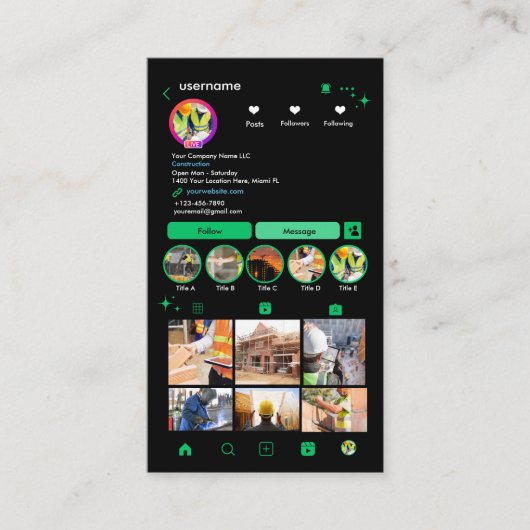 Constructie Instagram groen | QR-code Visitekaartje (Voorkant)