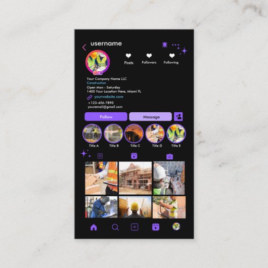 Constructie Instagram Paarse | QR-code Visitekaartje (Voorkant)
