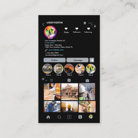 Constructie Instagram Stofblauw QR Code Visitekaartje (Voorkant)