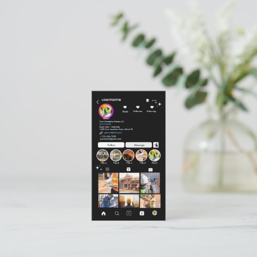 Constructie Instagram Zwart QR-code Visitekaartje (Staand voorkant)