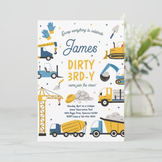 Constructie Vuile 3e-y Dump Truck 3e verjaardag Kaart (Staand voorkant)