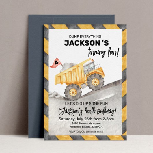 Construction 4th Birthday Invitation, Dump Truck Kaart